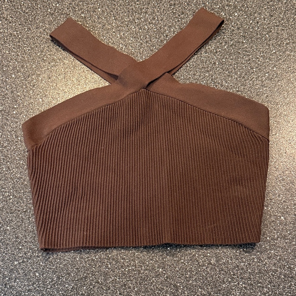 Aritzia Babaton Chocolate Brown Sculpt Knit Criss Cross Cropped Tank - size M